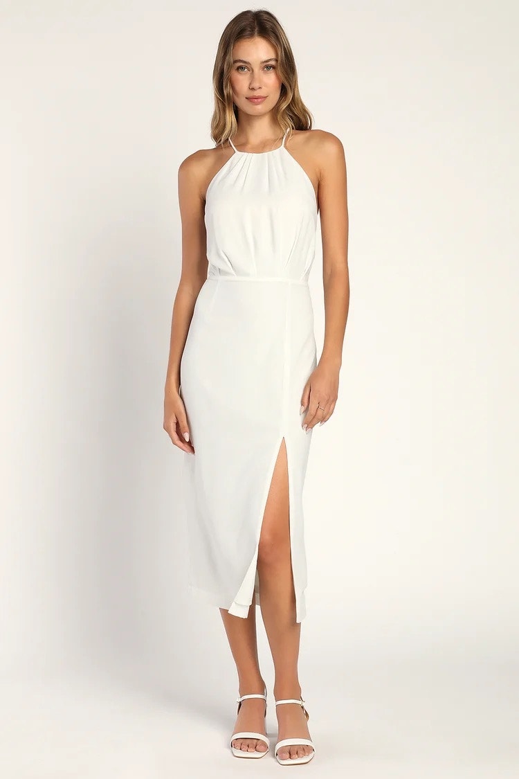 Nwot Lulus Dreamy Date Night White Sleeveless Midi Dress Wedding Cocktail Size M
